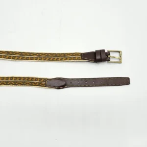 کمربند دستبافت وریس طرح گل‌گرد-اره زیتونی-زرد