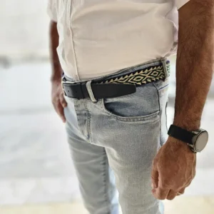 کمربند دستبافت وریس گل گرد کرم-سبز-سرمه‌ای مردانه