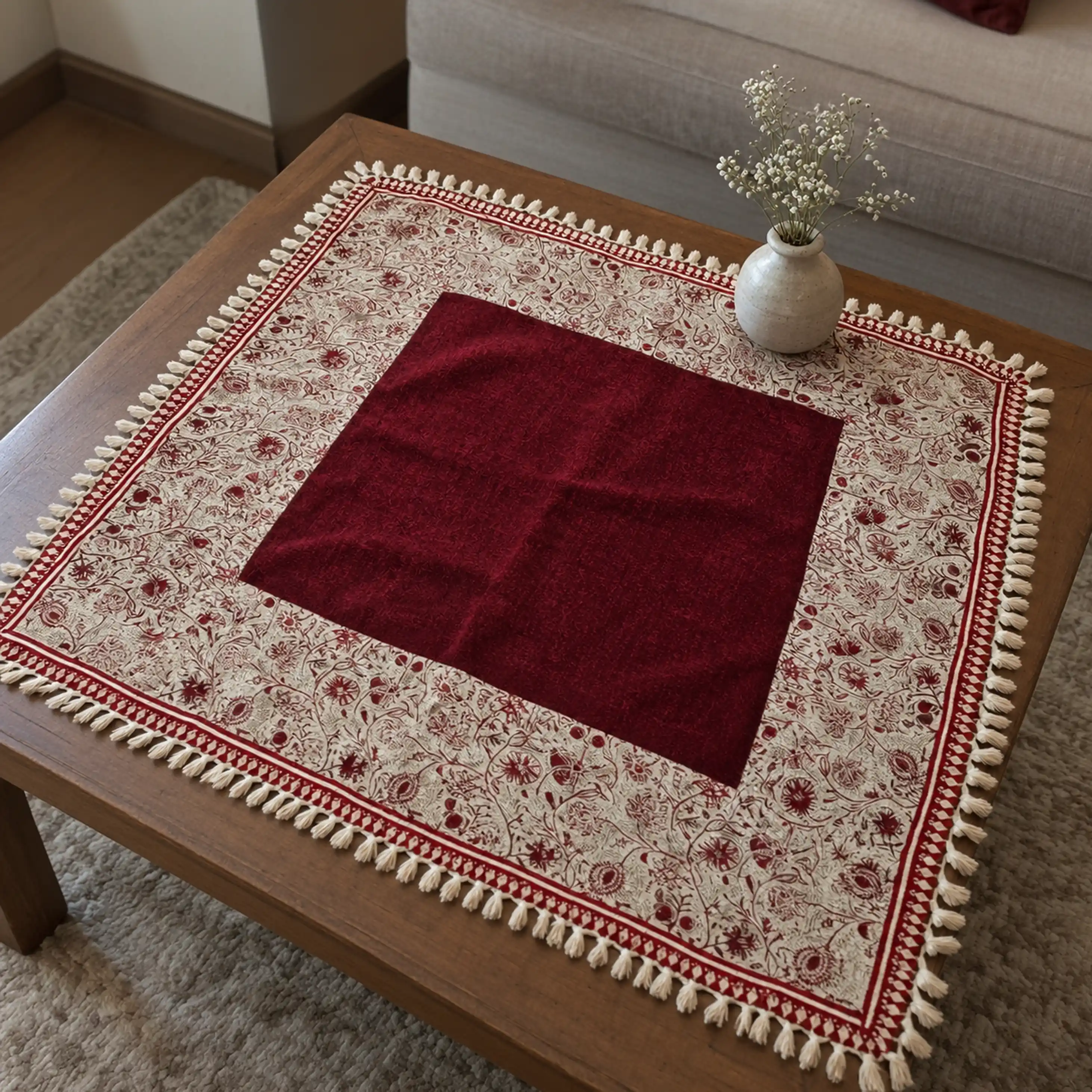 Burgundy Floral Tablecloth and Vase رومیزی مربع مخمل قلمکار طرح انار اسلیمی