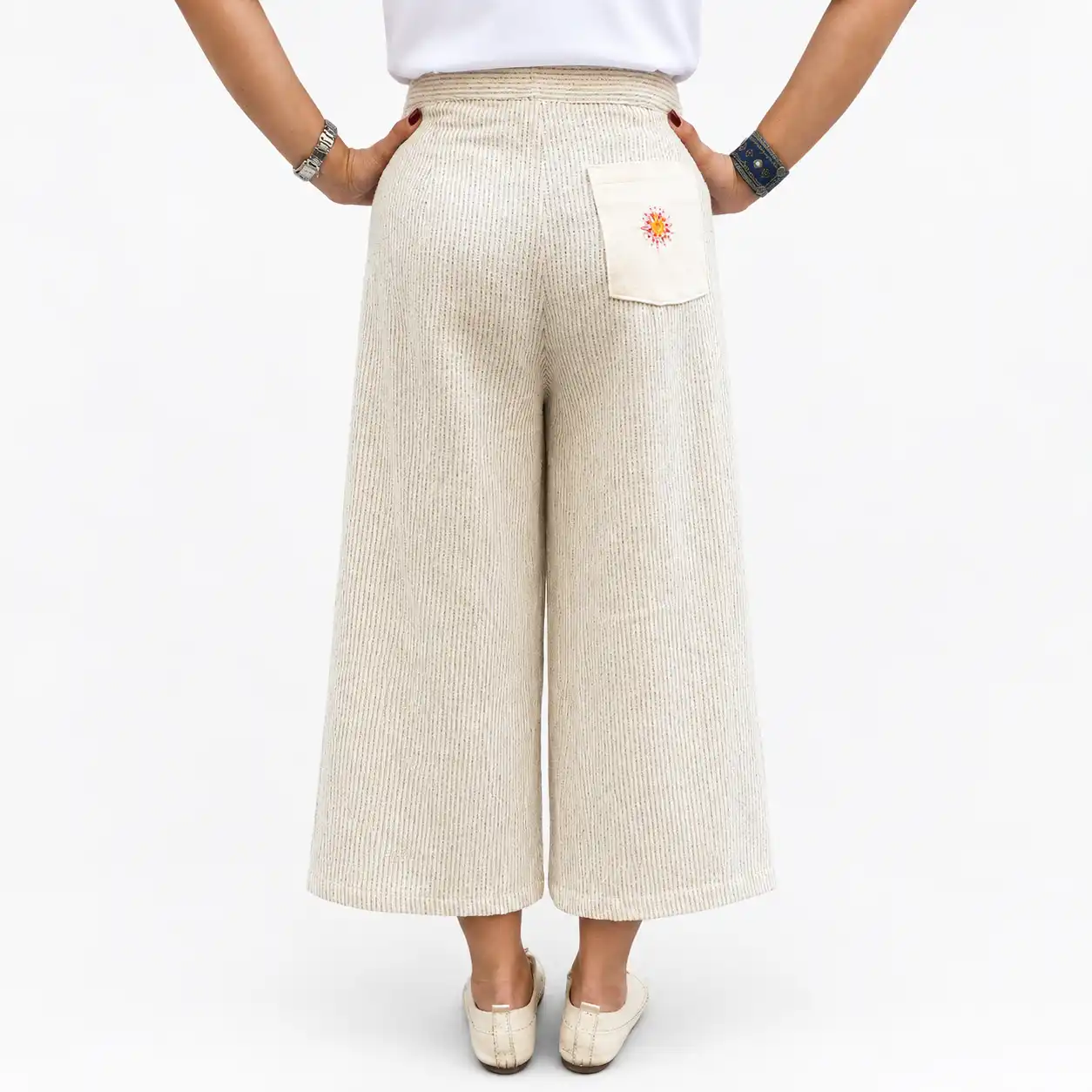 Embroidered Pocket Linen Culottes شلوار دخترانه کرم قاجاری زرتشتیدوزی| پارچه دستبافت یزد