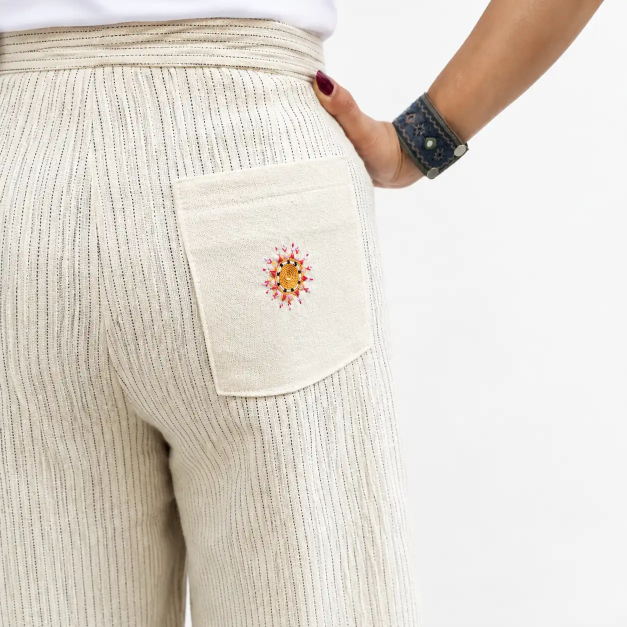 Embroidered Pocket Linen Pants شلوار دخترانه کرم قاجاری زرتشتیدوزی| پارچه دستبافت یزد